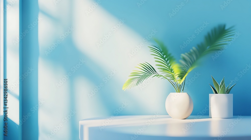 Fototapeta premium A serene interior scene featuring potted plants against a blue wall with soft shadows.