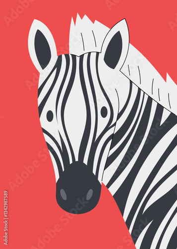 A striking black-and-white zebra with bold stripes staring against a bold red background