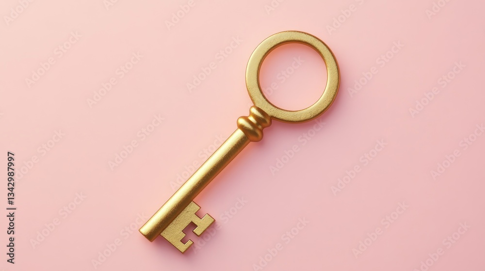 A golden skeleton key lies on a soft pastel pink surface A golden skeleton key lies on a soft pastel pink surface