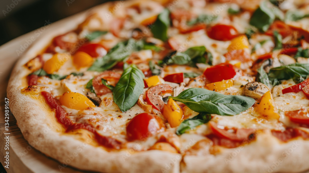 Fresh Homemade Pizza with Colorful Vegetables and Basil Leaves Fresh Homemade Pizza with Colorful Vegetables and Basil Leaves
