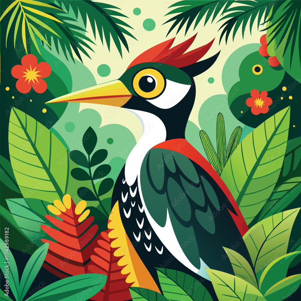 Obraz premium Vibrant Tropical Forest Birds: A Woodpecker Pattern Vector Illustration