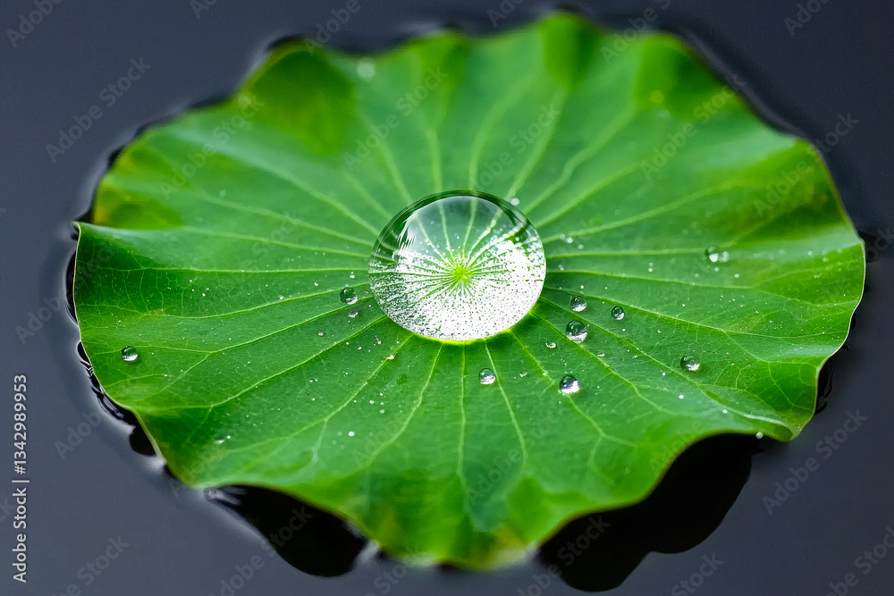 Fototapeta premium Close-up of crystal-clear water droplets on a green leaf