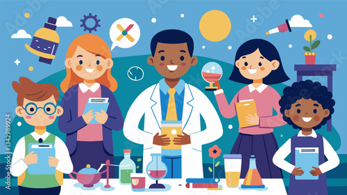 The afterschool science club culminates in a science fair where students showcase their projects and experiments to classmates and parents.. Vector illustration