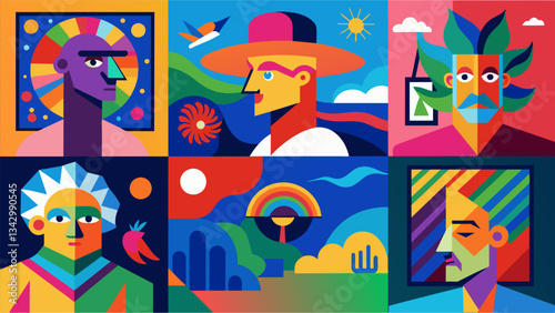 A collection of vibrant abstract paintings by a retiree showcasing their newfound passion for expressionism.. Vector illustration