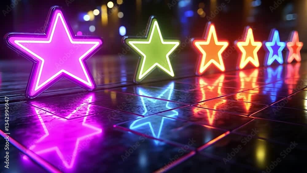 Vibrant Neon Stars Glow and Reflect on Wet Surfaces, Creating Colorful and Enchanting Atmosphere of Light.