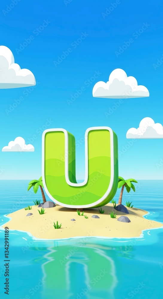 Fototapeta premium Letter U on Tropical Island with Palm Trees Cartoon Illustration