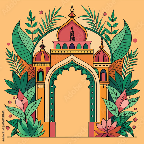 Tropical Mughal Arch: An Intricate Hand-Drawn Illustration of Architectural Beauty