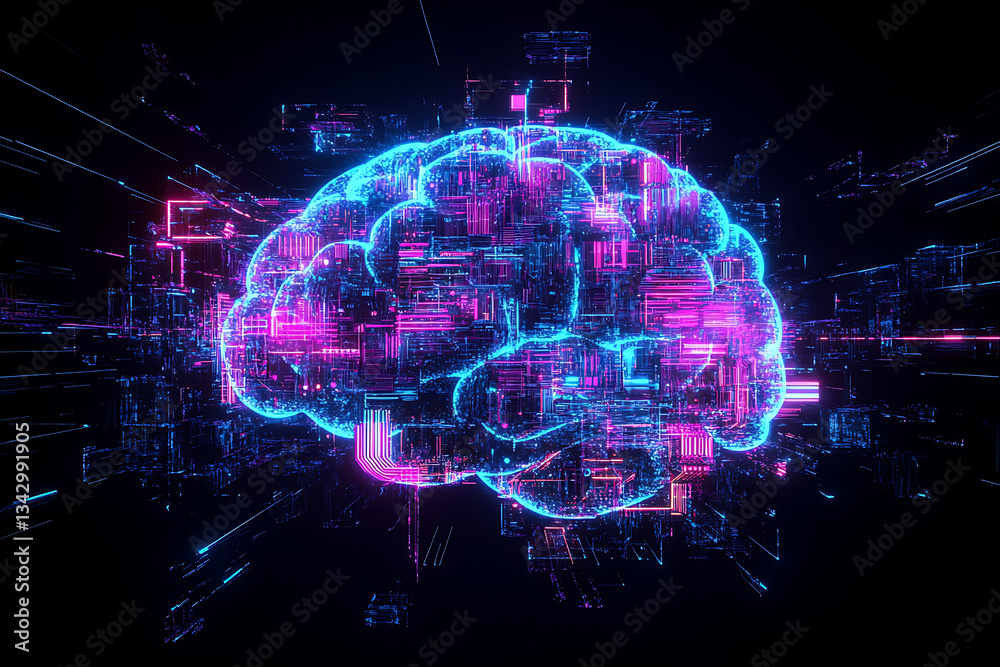 Fototapeta premium Digital Brain with Neon Circuit Connections