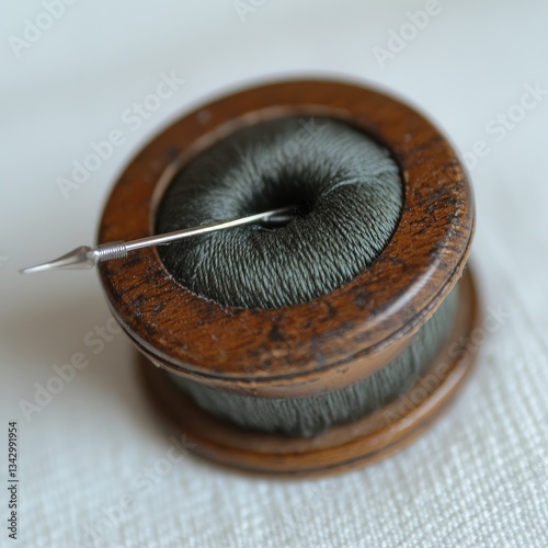 Wooden thread winder with dark green thread