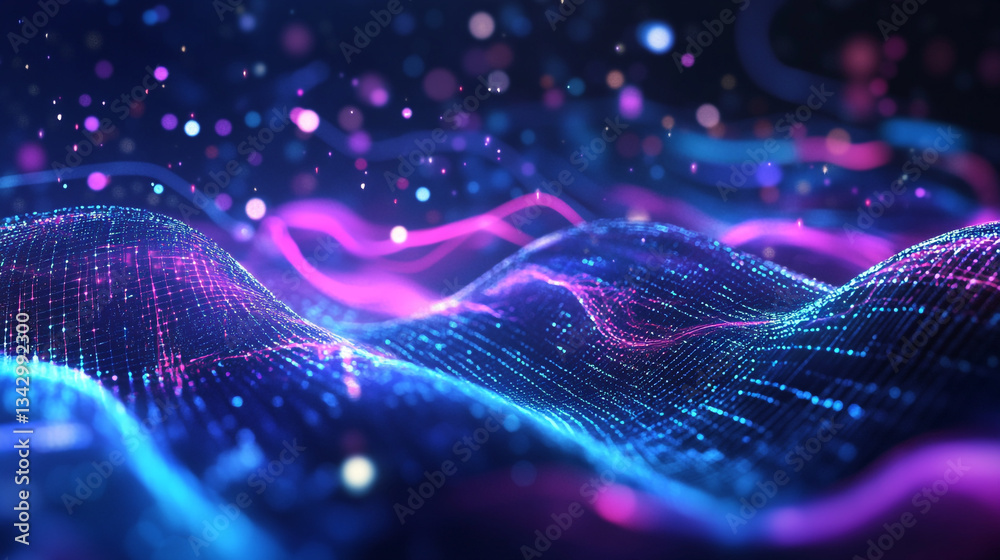 custom made wallpaper toronto digitalHolographic particle waves flowing across a gradient tech-inspired blue and purple background, creating a dynamic and futuristic design in shades of violet, close up of digital data flowing on screen.