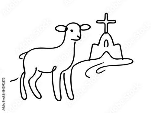 Lamb standing next to a cross-shaped building on a transparent background  
