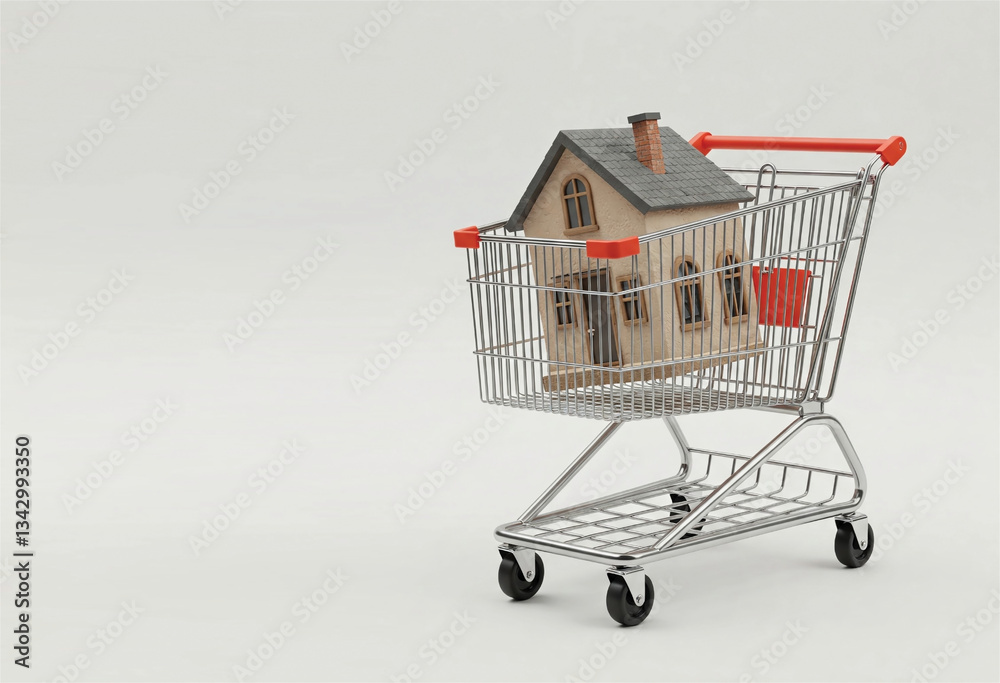 Shopping cart with a model house in it. Home buying and selling real estate theme. Blank for text copy space poster, banner regarding property business marketing. Shopping cart with a model house in it. Home buying and selling real estate theme. Blank for text copy space poster, banner regarding property business marketing.