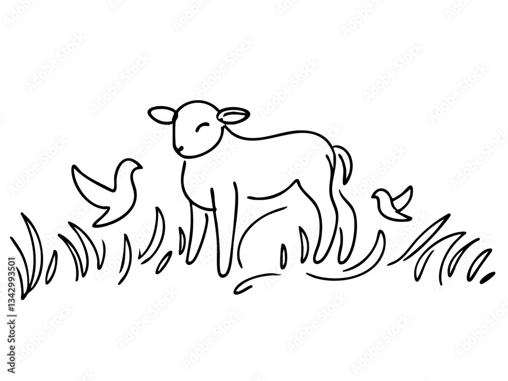 Fototapeta premium Line art of a happy lamb with birds in grass 
