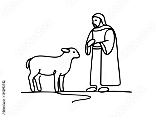 Man interacting with a sheep in a simple line drawing  