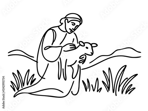 Line art of a person tenderly holding a lamb in a pastoral scene  