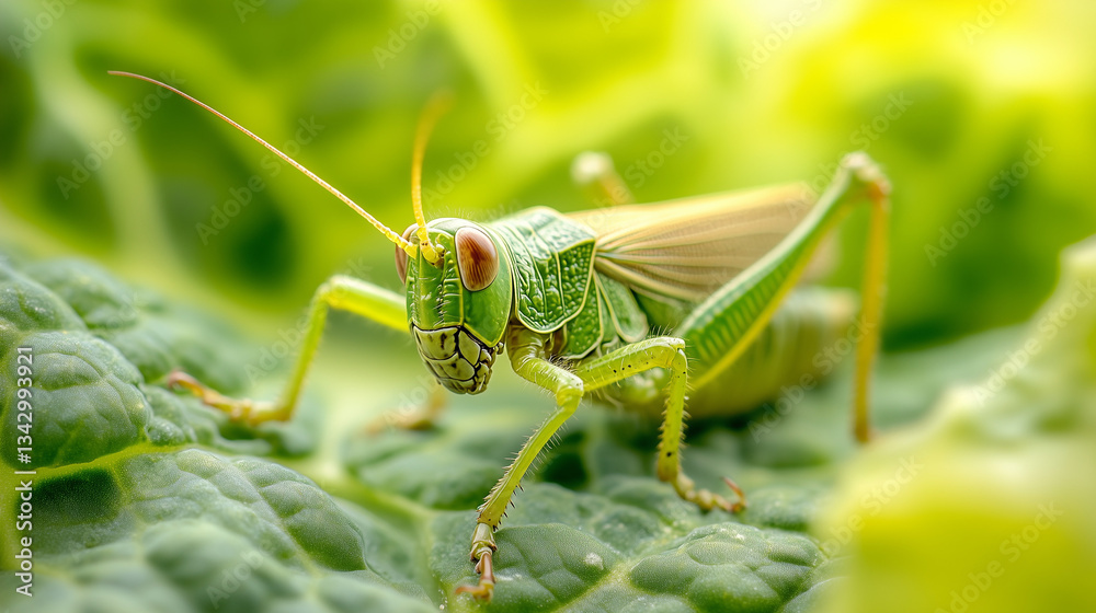 A green grasshopper on a cabbage leaf, a common agricultural pest affecting crops. A green grasshopper on a cabbage leaf, a common agricultural pest affecting crops.