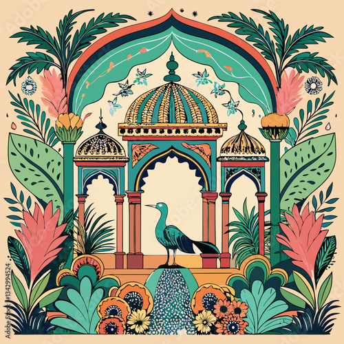 Enchanting Tropical Mughal Garden with Peacock Archway