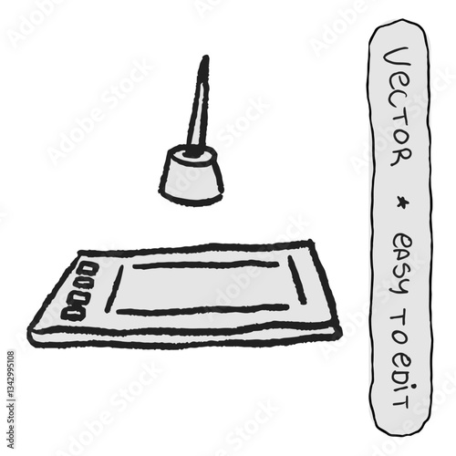 Illustration of a drawing tablet with a stylus pen in a hand-drawn style, featuring irregular lines and a simple, minimalistic look. The artwork has a vintage and grunge feel with subtle details