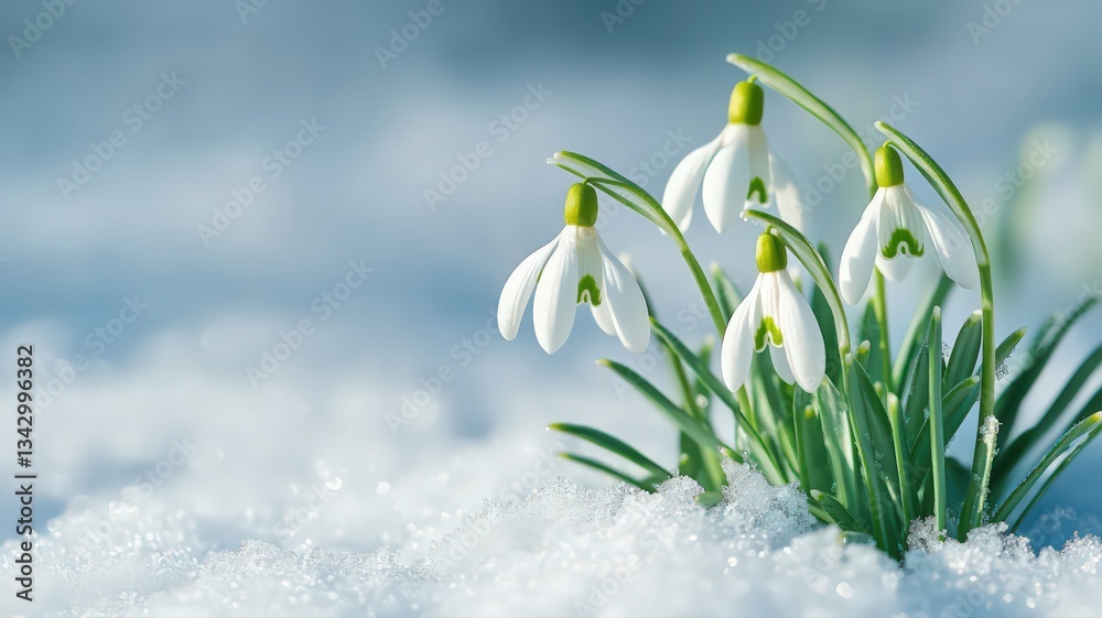 Obraz premium White Snowdrop Flowers Emerging from Melting Snow in Springtime