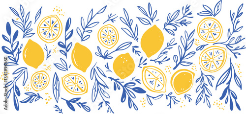 Mediterranean Yellow Lemons Pattern Vector Boho Cute Illustration