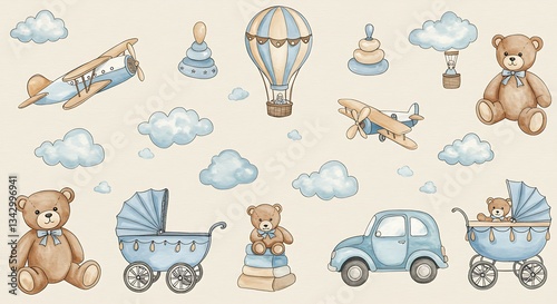 An invitation to a baby shower with a teddy bear, hot air balloon basket, airplane, car, moon, stars, clouds and a watercolor drawing. Watercolor drawing, template, poster pattern to print