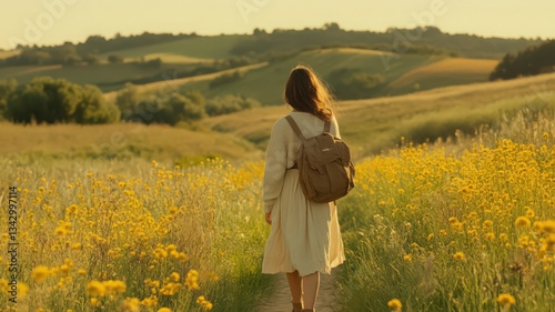 Obraz na płótnie Woman in Beige Dress Walking Through a Field of Yellow Wildflowers at Sunset w salonie