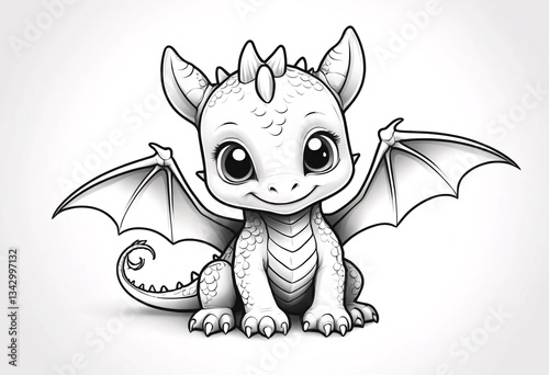Adorable Baby Dragon Coloring Page Illustration. A charming detailed black and white illustration of a small cute dragon