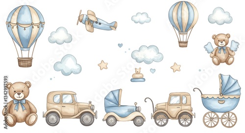 An invitation to a baby shower with a teddy bear, hot air balloon basket, airplane, car, moon, stars, clouds and a watercolor drawing. Watercolor drawing, template, poster pattern to print