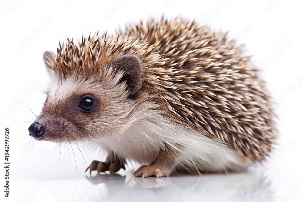 Obraz premium A small brown and white hedgehog is standing on a white background