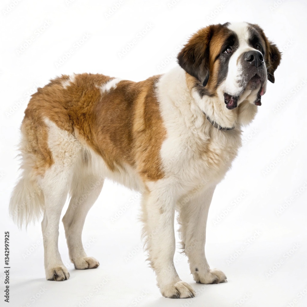 A brown and white dog with a collar stands in front of a white background