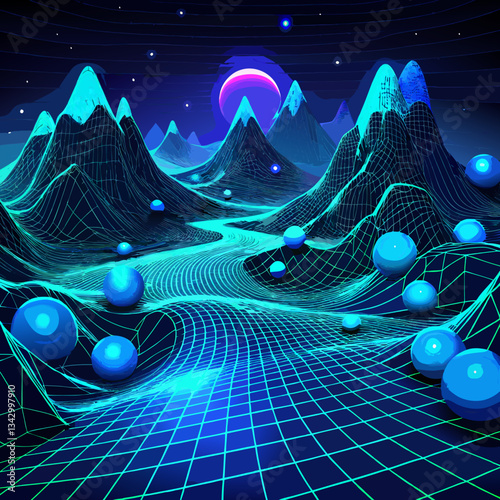 Futuristic Neon Wireframe, Glowing Spheres Landscape, Sci-Fi Digital Art, Neon Mountains, Digital Wireframe Scene, Cyber Neon Landscape, Futuristic Grid Art, Glowing Orb Terrain
