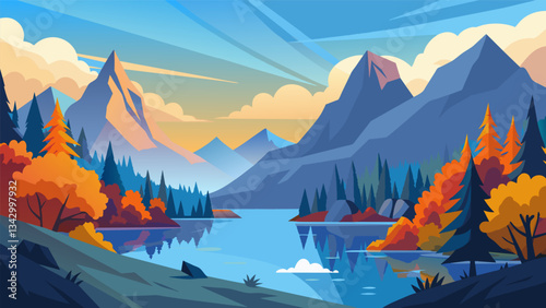 A misty tranquil lake surrounded by majestic mountains and vibrant fall foliage.. Vector illustration