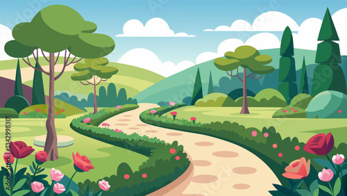 A picturesque garden with blooming flowers and winding paths where guests can take leisurely walks and enjoy the beauty of nature without the distraction of digital devices.. Vector illustration