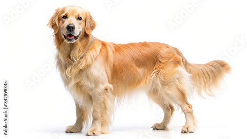 A golden retriever is standing on a white background photo