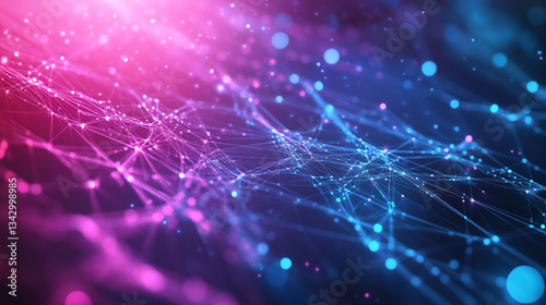 Abstract blue and purple glowing wave with bokeh lights, blue gradient and glowing dots in the form of wavy lines pattern, Cyber data flow with vibrant particles in a digital showcasing technology.