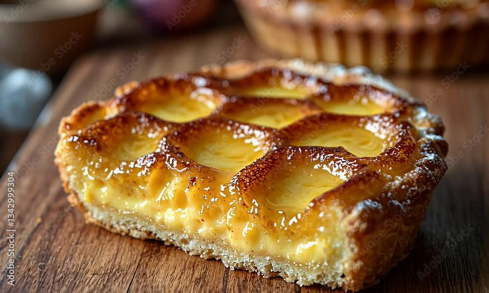 Closeup of Sliced Golden Tart with Flaky Crust and Creamy Filling on Wooden Board Surrounded by Fresh Ingredients and a Charming Background Closeup of Sliced Golden Tart with Flaky Crust and Creamy Filling on Wooden Board Surrounded by Fresh Ingredients and a Charming Background