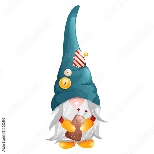 Gnome tailor with beard and colorful high hat with buttons and patches of fabric holds a skein of thread and knitting needles. Vector illustration 