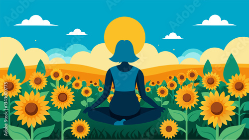A figure sitting in a field of blooming sunflowers completely immersed in their morning meditation as the sun rises behind them.. Vector illustration