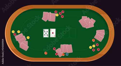 Poker table with cards. Vegas casino game desk top view. Bet chips. Blackjack sport gaming. Online fortune playing. Green velvet above. Gamble risk and luck. Vector gambling background