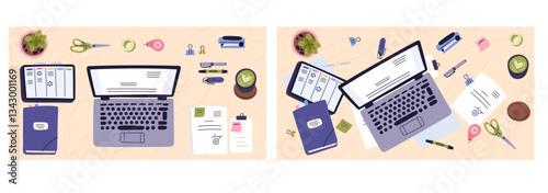 Order and clutter on desktop top view. Office workplace. Work organization. Business table. Laptop and paper documents. Notebook paper and stationery. Messy workspace. Vector concept