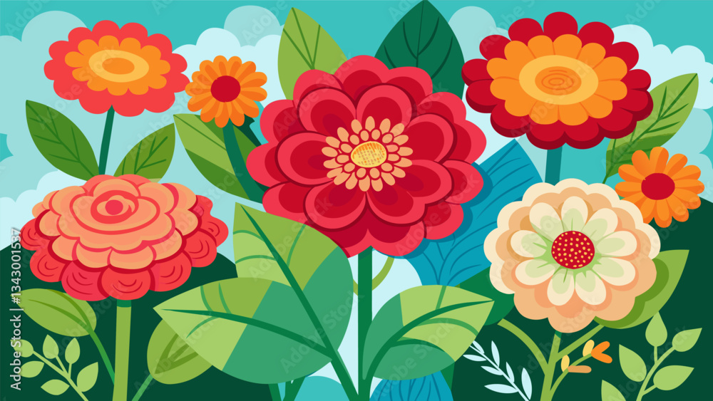 A colorful display of zinnias roses and daisies adorns the community garden a result of the collaborated efforts of the clubs senior members.. Vector illustration A colorful display of zinnias roses and daisies adorns the community garden a result of the collaborated efforts of the clubs senior members.. Vector illustration