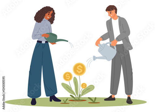 Increase in income. Woman and man grow money tree. Investors watering plant. Gold coins on branch. Successful investment. Savings growth. Economy wealth. Financial profit. Vector concept