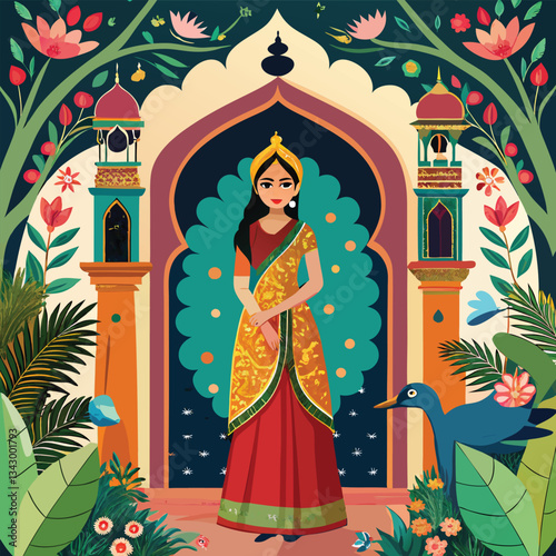Mughal Garden with Woman in Ethnic Attire and Beautiful Arches
