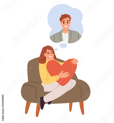Girl in love hugs heart and thinks her beloved. Romantic relationship. Woman sitting on armchair and dreaming about boyfriend. Romance and passion. Separation of lovers. Vector concept