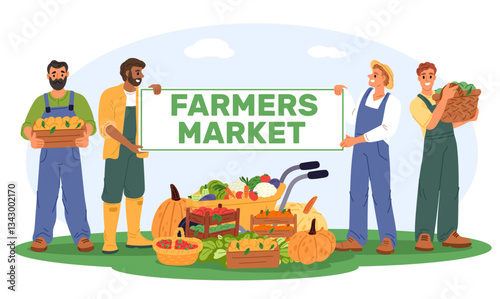 Farmers local market. Farm vegetables and fruits selling. People with harvested crops. Agriculture products retail. Farming cooperation. Gardeners organic food. Vector marketing banner