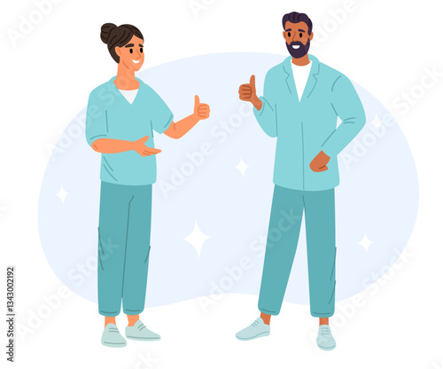 Doctor man and woman show thumbs up. Hand gesture. Physicians in uniform. Medical specialist. Approve and satisfaction symbol. Human gesticulation. Agree and confirm. Vector concept