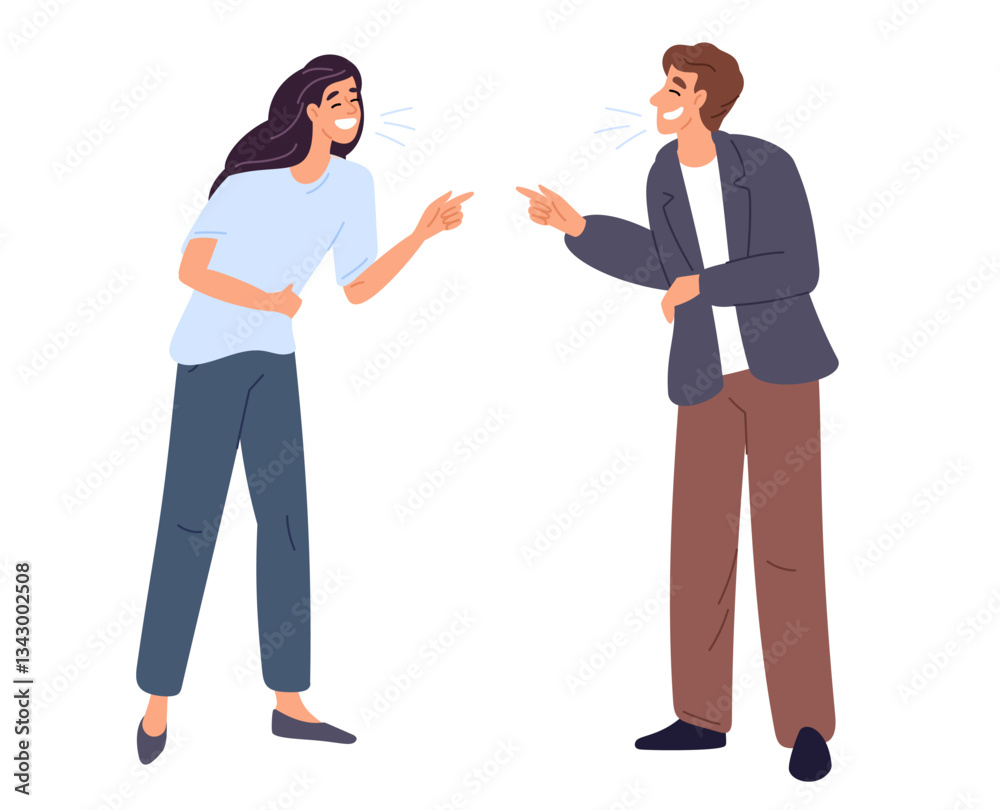 Cheerful man and woman laughing and rejoicing together. Friends happy meeting. People communication. Couple talking. Emotion expression. Joke or positive conversation. Vector concept Cheerful man and woman laughing and rejoicing together. Friends happy meeting. People communication. Couple talking. Emotion expression. Joke or positive conversation. Vector concept