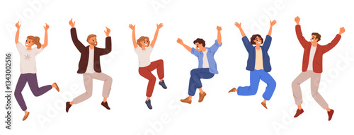 Cheerful bouncing people. Joyful men and women jumping. Happiness position. Happy characters having fun and joy. Emotion expression. Holiday celebration. Vector excited persons set