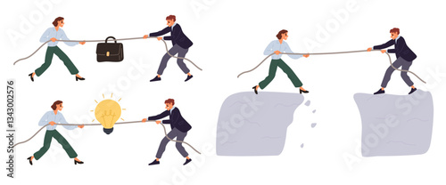 Business competition. Men and women competing against each other. Tug of war. People pulling rope at edge of mountain cliff. Businessman briefcase. Collogues rivalry. Vector concepts set