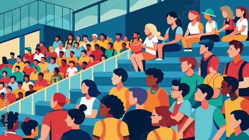 The bleachers are packed with parents and fellow students cheering on the varsity basketball team as they run drills and scrimmage against each other.. Vector illustration